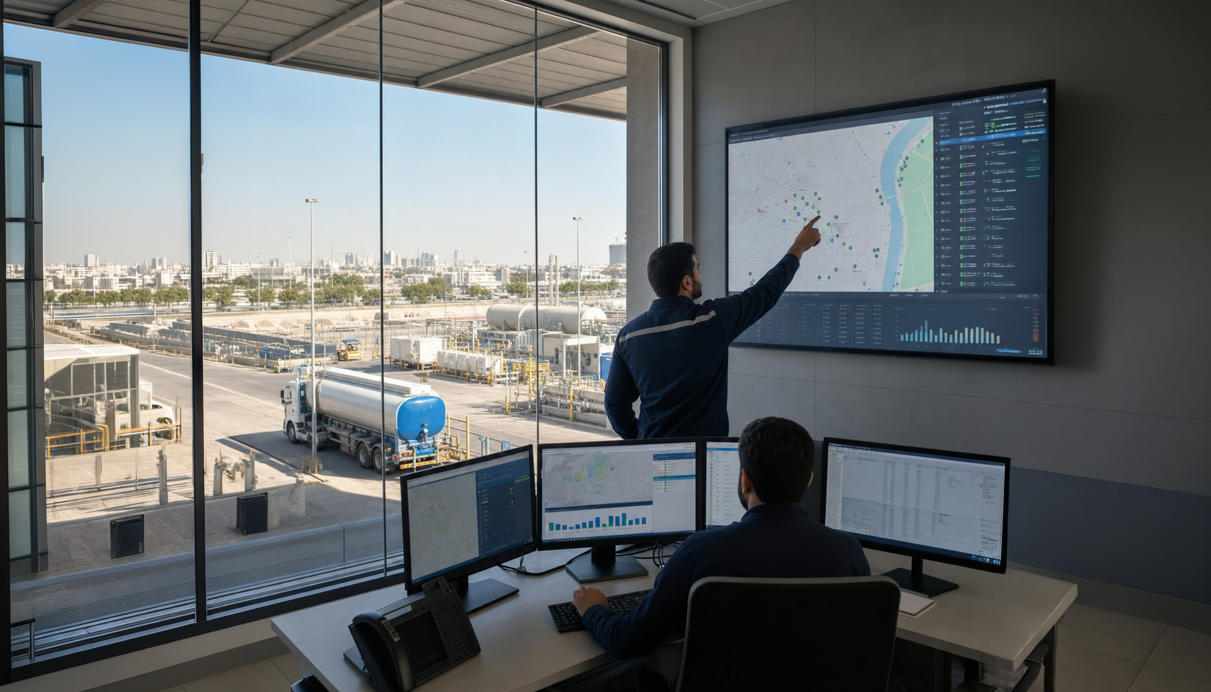 Operations team monitoring tanker movements and field data from a control room